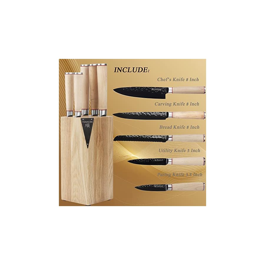 YOUSUNLONG-Knife-Block-Sets-5-Piece-Chef-Knife-Set-Japanese-AUS8-Steel-Black-Titanium-Natural-Fraxinus-Americana-Wood-Knife-Holder-Canadian-Maple-Wood-Handle-With-Gift-Box YOUSUNLONG Knife Block Sets - 5 Piece Chef Knife Set - Japanese AUS8 Steel Black Titanium - Natural Fraxinus Americana Wood Knife Holder - Canadian Maple Wood Handle - With Gift Box