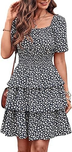 Novedades Vestido Corto Floral de Verano para Mujer, Cuello Cuadrado, Manga Corta, Falda con Vuelo Plisada en Capas - Blanco y Negro - XL