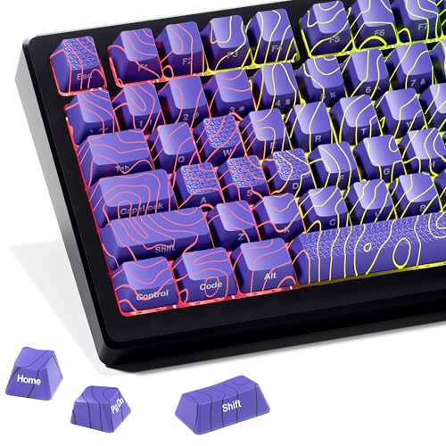 Image of HITIME XVX Shine Through Keycaps w /IMD Tech, Custom Topographic Keycaps 60 75 100 Percent, Purple Key Cap Set 118 Keys Lines Backlit, OEM Profile Side Printed for Keyboards