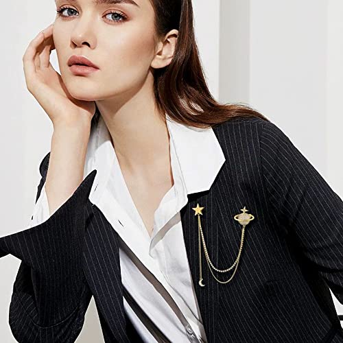 Image of Fashion Planet Star Brooch Pin Cubic Zirconia with Crystal Tassel Chain Crescent Moon Clip Coat Suit Corsage Lapel Brooches Pins for Women Girls Clothing Jackets Badges