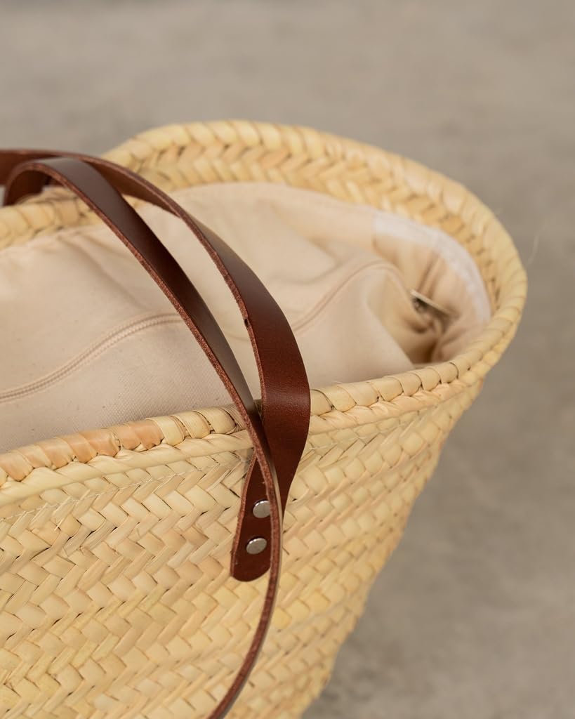 Cesteria Aparici - Capazo de Palma Mujer - Bolso Bandolera Artesanal Asas Largas Marrón con Cierre de Tela Beige EXTRA GRANDE (52x28x35cm) REF: 5340