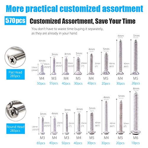 Casaon 570PCS SELF TAPPING SCREWS Assortment Set, M3/M4/M5/M6 304 Stainless Steel Sheet Metal Screws Kit thumb #1