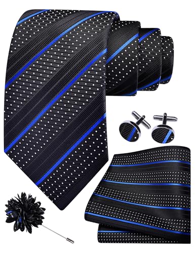 Image of GUSLESON 3.15 inch(8cm) Mens Stripe Tie and Lapel Pin Necktie Hankerchief Cufflinks Set for Men
