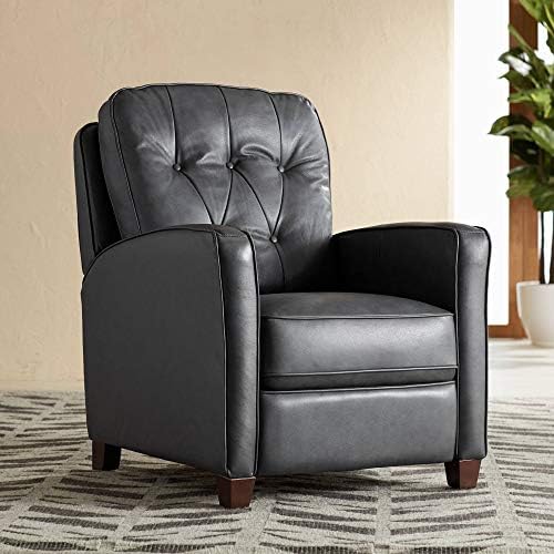 Elm Lane Livorno Gray Genuine Leather Recliner Chair Modern Armchair Comfortable Manual Reclining Tufted Upholstered for Bedroom Living Room Reading Home Relax Study Den Office Entryway