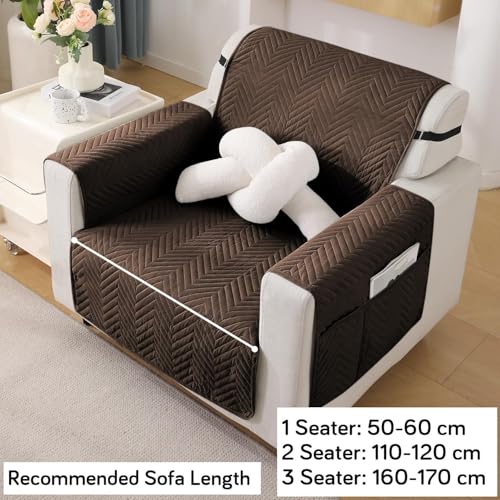 Image of HOKIPO 1 Seater Quilted Sofa Cover with Pockets, Dark Coffee (NEW3-801-DCF)