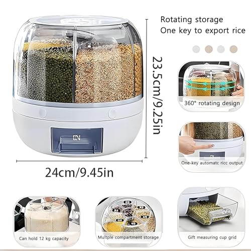 Rotating Grain Storage Bin 6 Grids Rice Container One-Click Output Large Capacity Food Dispenser For Rice Grains Sealed Moisture Proof Organizer (Small) - Image 4