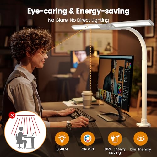 Image of SIBRILLE Upgraded LED Desk Lamp for Home Office with RGB, Rotatable Computer Desk Light with Remote, Tall Table Lamp with Clamp for Working, Dimmable Dual Head Task Lighting for Monitor PC, 22W