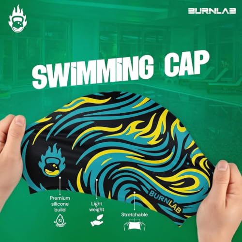 Image of Burnlab Silicone Swimming Cap for Pool Training and Daily Use, Comfortable Stretch Fit, Adult (Black Flame)