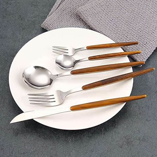Image of Gold Flatware Matte Wooden Handle Stainless Steel Tableware Sets for 3 Including Forks Spoons Knives, Camping Silverware Travel Utensils Set Cutlery(Silver, Set of 15)