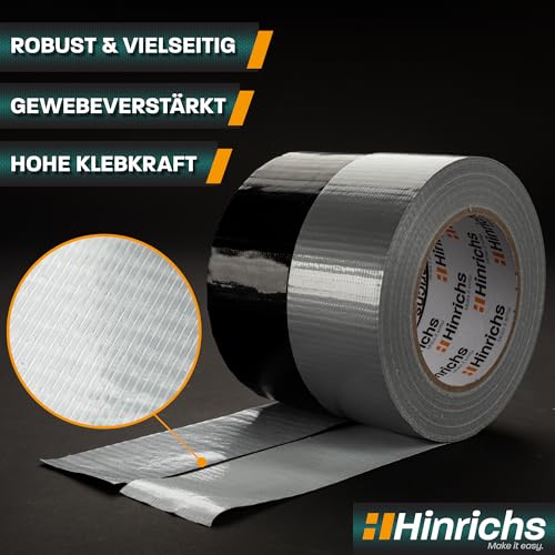 Foto von Hinrichs Panzertape silber/schwarz - 4 Rollen 50m x 50mm Gewebeband - extra starkes Klebeband - wasserdichtes Panzerband - breites Gewebeklebeband schwarz/grau - Duct Tape für Innen und Außen