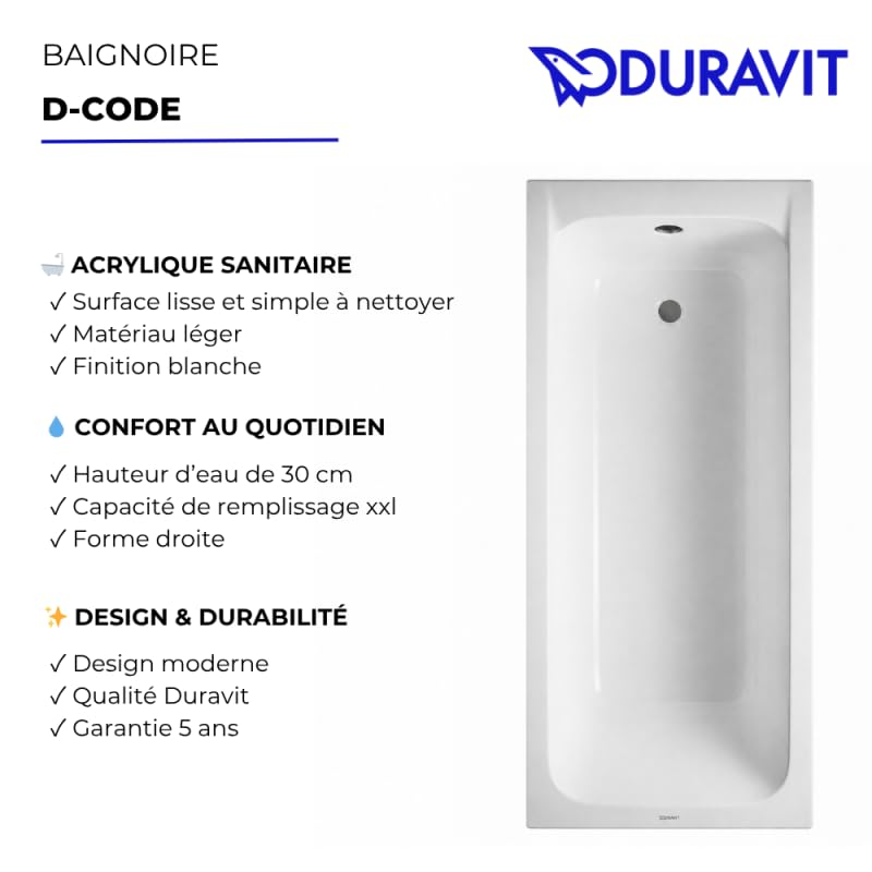 BAIGNOIRE D-CODE 170X70 BLANC AVEC PIEDS VIDAGE LATERAL DURAVIT