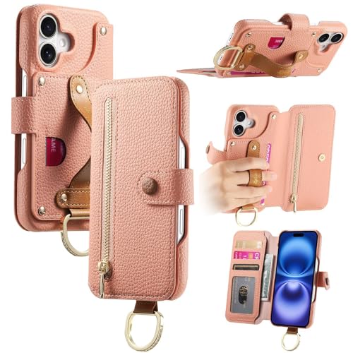 Étui en cuir iPhone 17 Pro Max avec portefeuille et fermeture éclair chic rose