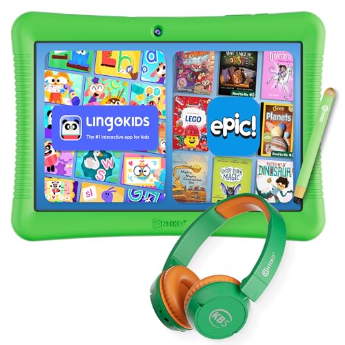 Image of Contixo K102 10 inch Kids Tablet Bundle - Wireless Kids Headphones, 32GB, Learning Educational Apps, Parental Controls, Dual Cameras, Shockproof Case with Kickstand & Stylus, Ages 3-7 - Green