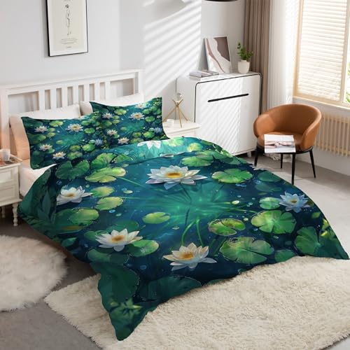 YZQGLHP Funda Nórdica para Cama de 105 cm Funda de Microfibra para Edredón de 180x220 cm con 2 Fundas de Almohada de 50x75 cm Estampado de Loto con Cremallera para Camas de Niños