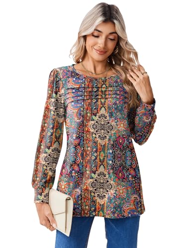 Zeagoo Long Sleeve Shirts for Women Casual Fall Fashion Crewneck Pleated Tunic Tops Work Outfit Blouse3