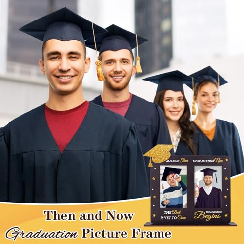 Image of FLYAB 2025 Graduation Picture Frame - Then and Now Photoframe Graduation Gifts for High School College Graduates for Women and Men Wooden Tabletop Home Decoration