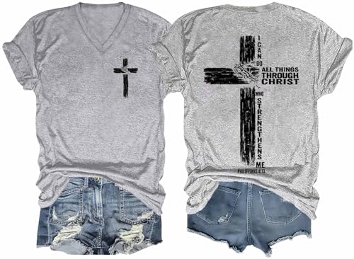 SOQROMS I Can Do All Things Through Christ Shirt Christian Philippians 4:13 Religious Tshirts for Women