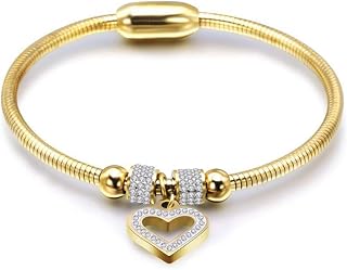 Jude Jewelers Stainless Steel Heart Charm Cubic Zircon Anniversary Valentine Bangle Bracelet