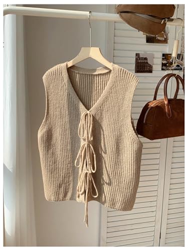 Verdusa Women's Plus Size Bow Tie Front Sweater Vests Sleeveless V Neck Knitted Cardigan Outwear3