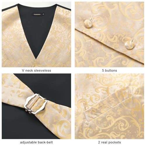 HISDERN Anzugweste für Herren Paisley Hochzeitsweste Krawatte Einstecktuch Taschentuch Jacquard Floral Anzug Weste Set Beige Champagner L