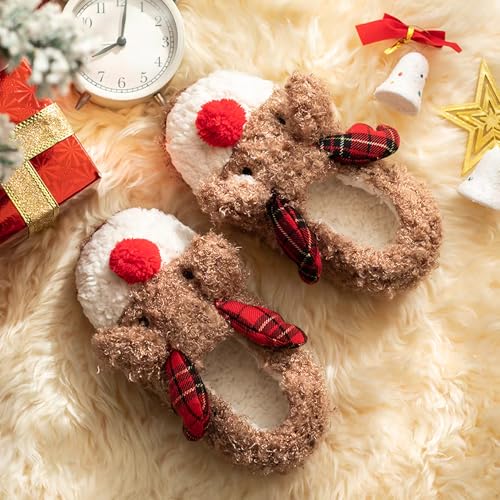 Women's Christmas Reindeer Slippers with Red Nose2