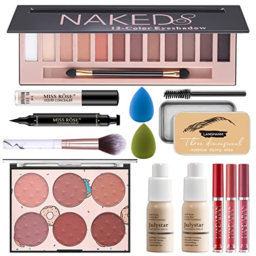 Professional Makeup Kit Set,All in One Makeup Kit for Women Full Kit, Includes 12 Colors Eyeshadow Palette, Liquid Foundation & Concealer,Liquid Lipstickï¼Face Blushï¼Makeup Brush, Makeup Sponge, Eyebrow Soap, Winged Eyeliner Stamp,Makeup Gift Set 