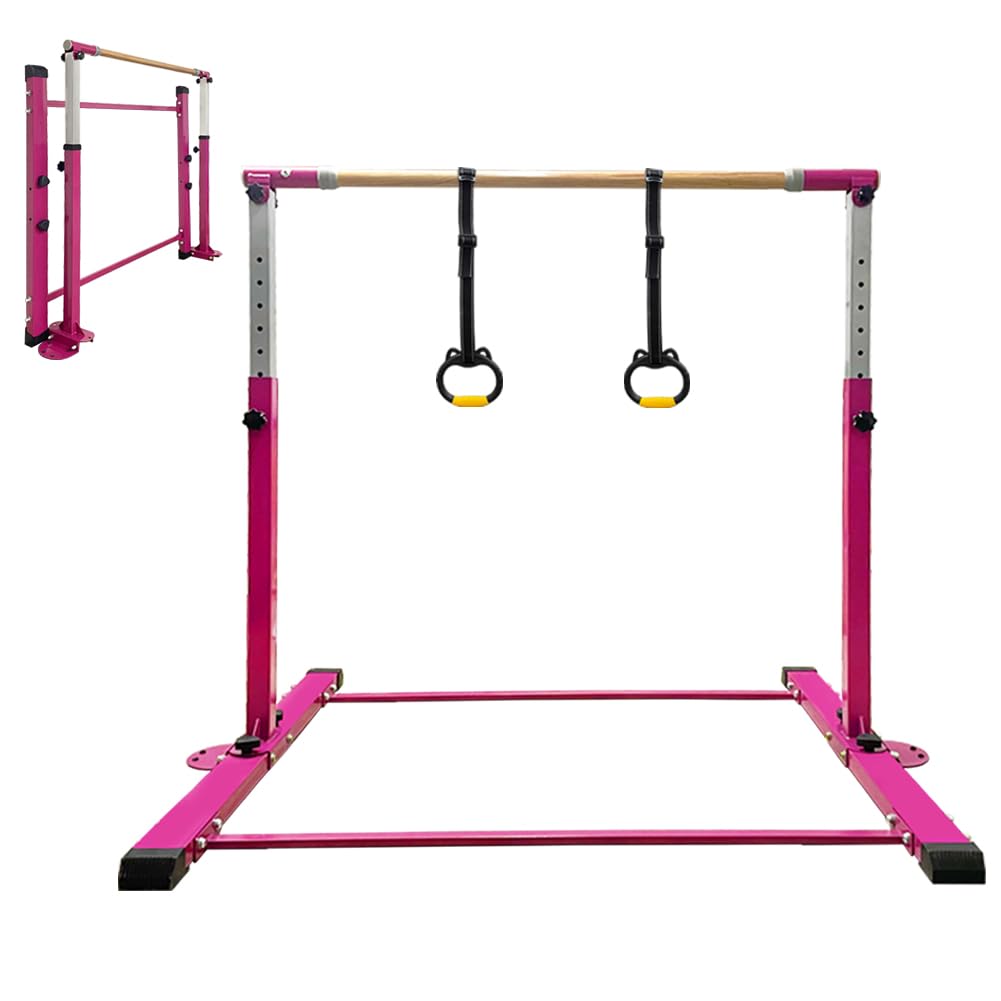 JC-ATHLETICS Gymnastics Bar for Kids Girls Ages 3-15 with Ring for Home Indoor Training Equipment- Steady Steel Construction, Anti-Slip, Easy to Assemble, 3' to 5' Adjustable Height
