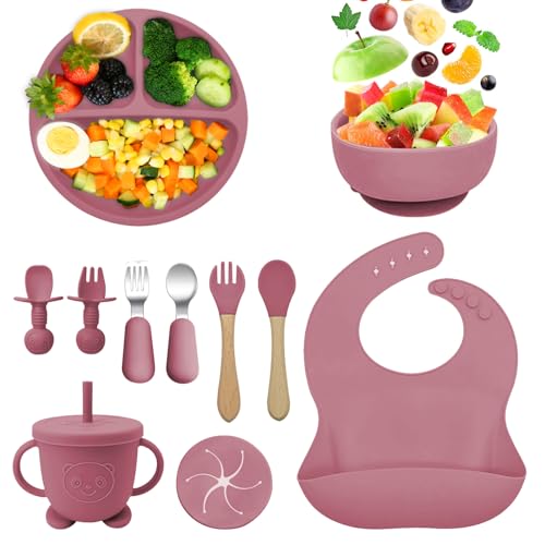 Bizcasa Coffret Repas Bebe Silicone,11 Pièces Assiette Ventouse pour Bébé Assiettes,Couverts pour Enfants Sans...