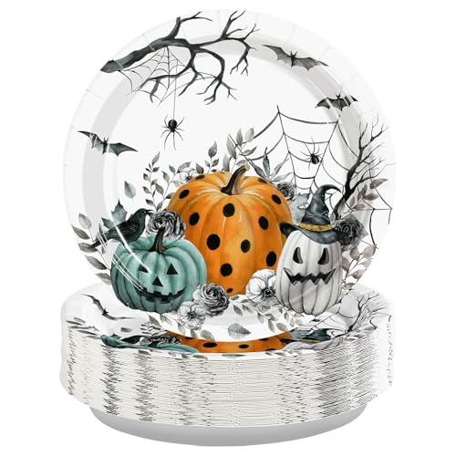 Grencian 50 Pcs Halloween White Flower Paper Plates 9" Pumpkin Ba...