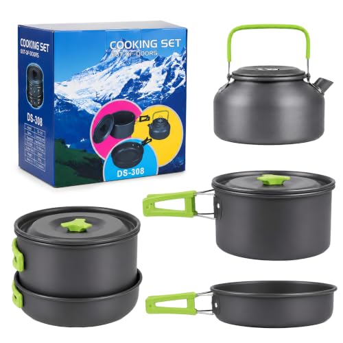 aiGear 3pcs Camping Cooking Set for 1-2 People with Pot Pan Kettle (Green)