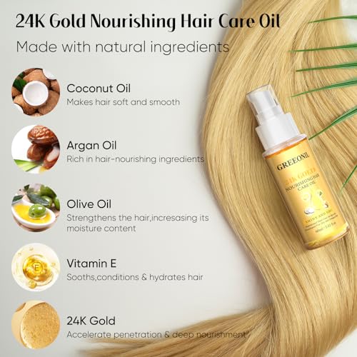 Greeonil 24K Gold Argan, Coconut, And Olive Oil Serum For Frizz Control, Shine, And Split End Repair - Nourishing Hair Treatment With Vitamin E thumb #1