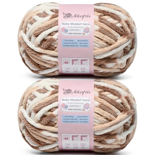 Image of 2 Pack White Coffee 14.1 oz /196.8 yds Chunky Chenille Yarn for Crocheting, #7 Super Bulky Baby Blanket Yarn for Crocheting Soft, Fluffy Velvet Yarn for Knitting, Amigurumi Crochet Yarn for Crafts