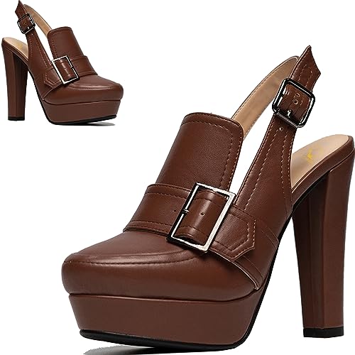 SHODENSE Women Vintage Platform Chunky High Heels Pumps Shoes Round Closed Toe Platform Loafers Ankle Strap Block Heel Slingback Summer Sandals Backless Buckle Loafer Ladies Sexy Chic Party 4-11 M US