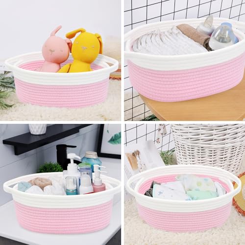 Image of ABenkle Small Basket with Handles, Boho Decorative Rope Woven Dog Cat Toy Storage Bin Shelf Storage Organizer, Easter Christmas Gift Basket, 12 inchx8 inchx5 inch, Pink