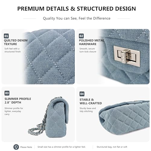 Image of M-ioi-M Quilted Denim Crossbody Bags for Women, Chain Strap Shoulder Bags, Medium Double Flap Purse, Gold Hardware Jean Purse