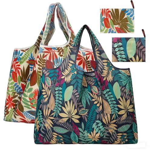Image of YINKIGI Large Reusable Shopping Bags 2 Pack, Foldable Shopping Bag & Waterproof Tote that Folds into Compact Pouch, Lightweight for Groceries and Daily Use (Leaves)