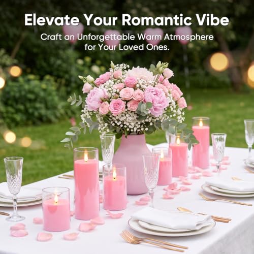 Image of Raycare Battery Operated Flameless Pillar Candles with Remote Timer, Pink | LED Acrylic Candle, Romantic Ambience for Valentine's Day, Birthday Parties, Wedding Settings, Christmas Home Decor, Set of 5