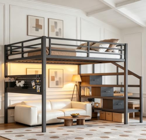 Image of Bellemave Queen loft Bed with Movable Desk and Storage Stairs, Shelves, Metal Loft Beds with LED Lights, USB Ports, Multifunctional Iron Nets for Adults, Kids, Teens, Black
