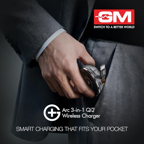 Image of GM G+ Arc Wireless Charger |15W Fast Charging for iPhone 12 /13 /14 /15 /16 /17, AirPods Pro /3 /2, All Apple Watch Series,Advanced Qi2 Chipset | 90cm Built-in Retractable Cable | Pocket-Friendly Stand