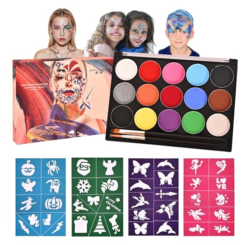 SKYYUE Peinture pour Visage Enfant Palette Maquillage Halloween, Kit de Maquillage Enfant Carnaval 15 Couleurs Peinture Corporelle pour Le Visage avec 2 Pinceaux 40 Pochoir pour Bals Masqués à Thème