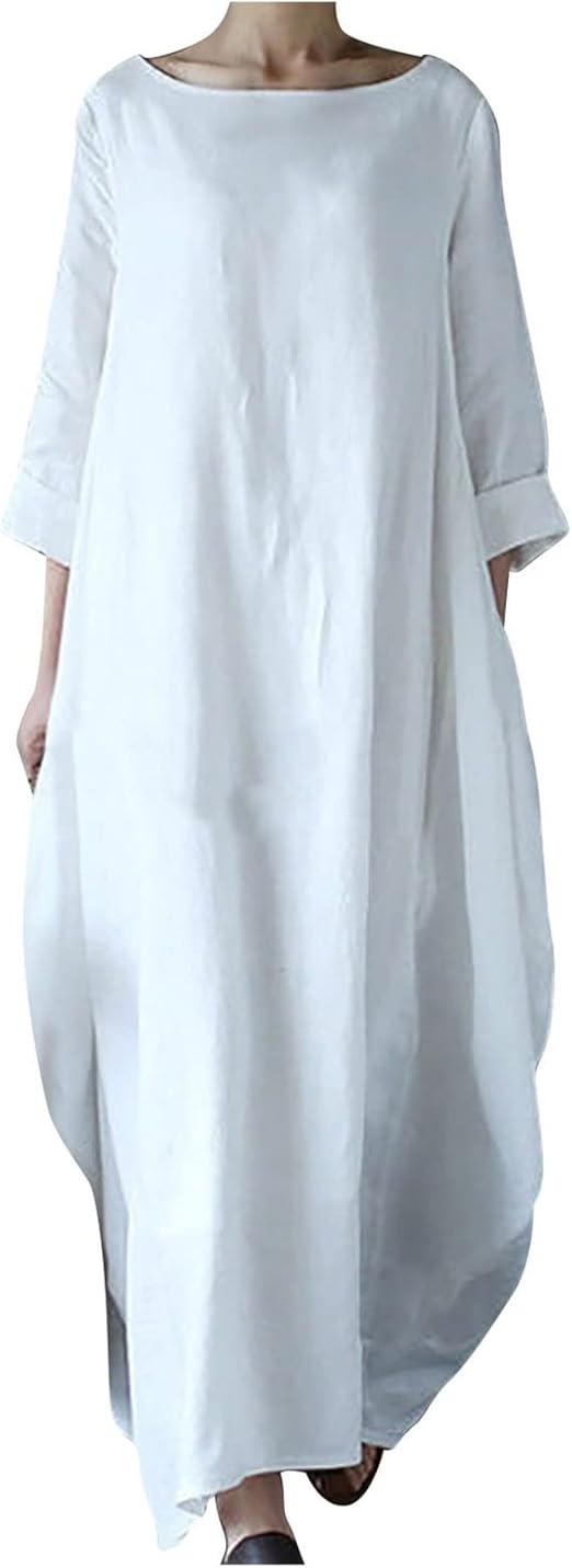 Cotton Linen Dress Maxi Kaftan Dresses for Women UK Plus Size 3/4