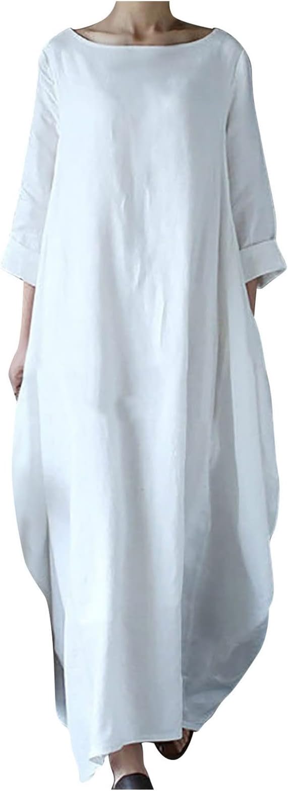 Cotton Linen Dress Maxi Kaftan Dresses for Women UK Plus Size 3/4