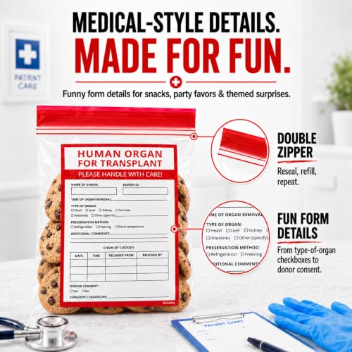 Image of Funny Human Organ Bags, 50 Pack, Organ Donor Bags & Medical Party Favors | Organ donation & transplant bags for bulk healthcare events, doctor parties and candy; BPA-free, food-grade, 7 x 9 in.