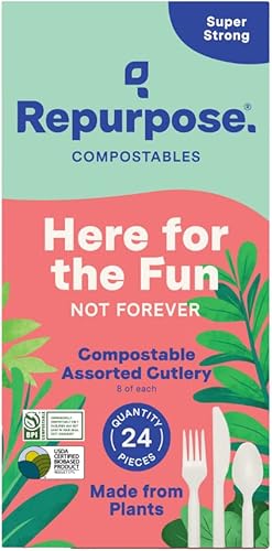 Miniatura 1 de Utensilios surtidos de reutilización, cubiertos desechables, 24 unidades, 1 paquete, 8 tenedores compostables, 8 cucharas compostables, 8 cuchillos