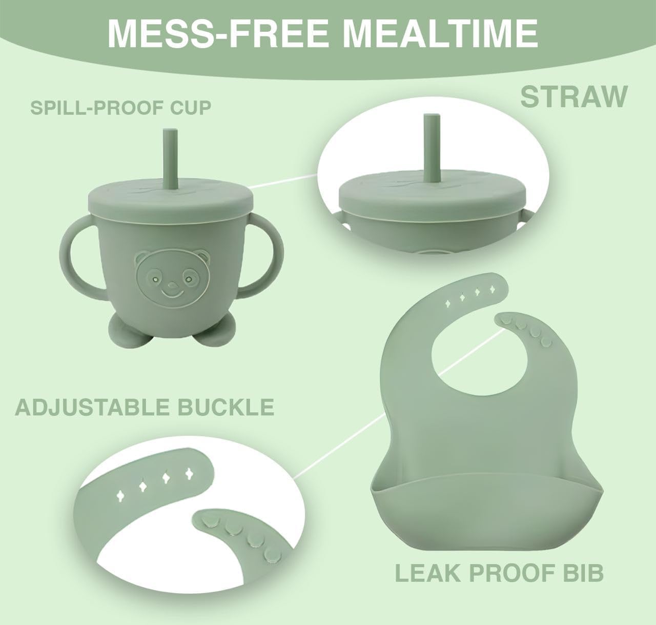 SHIKSHA PATRI 6PCS Silicone Baby Feeding Set – Suction Plate, Bowl   , Bib, Spoon, Fork, Cup – BPA-Free, Non-Toxic, Microwave & Dishwasher Safe for Toddlers 6+ Months (Green) - Image 6 thumbnail