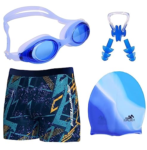 Image of Men's Swim Trunks Set with Swimming Goggles, Cap, Nose Clip & Earplugs - Quick Dry Printed Swim Shorts for Beach & Pool - Comfortable Elastic Waist Swimwear Combo