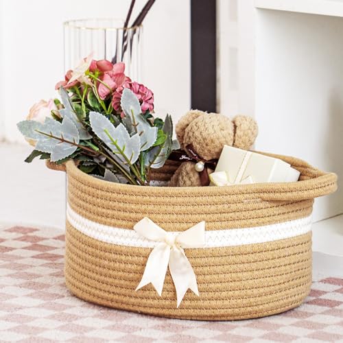 Image of Gift Baskets Empty, Small Woven Rope Storage Basket with Bow and Ribbons and Gift Wrap, Bowknot Decorative Gifts Basket with Handles, DIY Storage Organizer Basket for Wedding Graduation, Jute