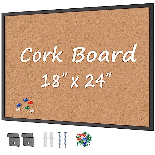 Board2by Cork Board Bulletin Board 24“ x 18”, Black Wood Framed Corkboard, Office Board for Wall Cork, Large Wall Mounted Notice Pin Board with 16 Push Pins for School, Home & Office