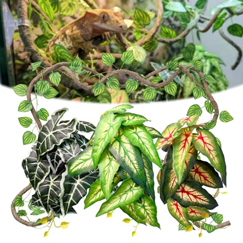 5 Pcs Reptile Plants & Habitat Decor Kit - 3 Artificial Plants & Large 3.3ft Jungle Vine Branch TTerrarium Hanging Plants Vines for Crested Gecko Leopard Bearded Dragon Lizard Chameleon Ball Python