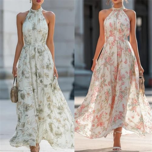 Vestido plisado floral de cuello colgante con tejido fluido y ligero 2